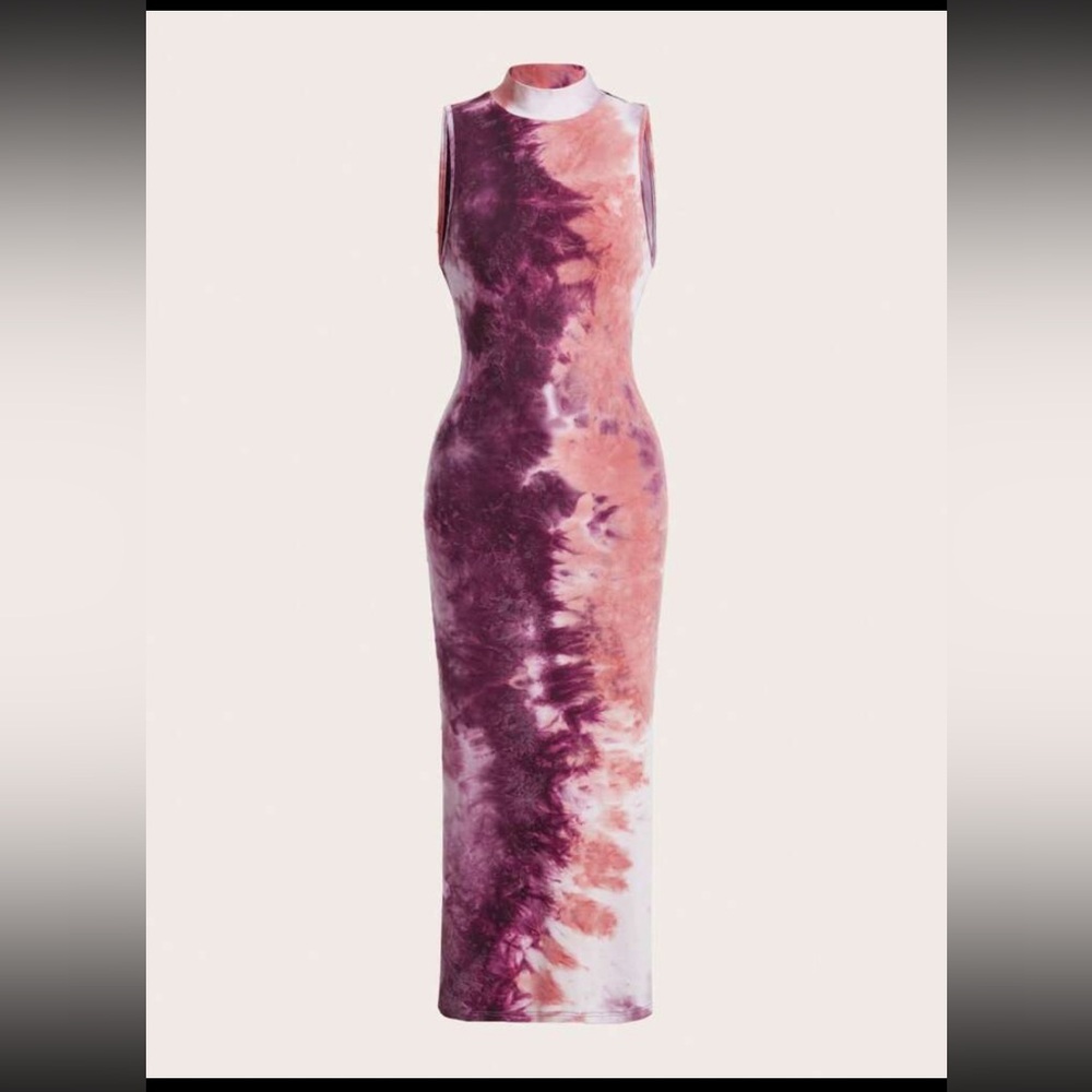 Mock neck tie dye long slit on side bodycon women dress Xs